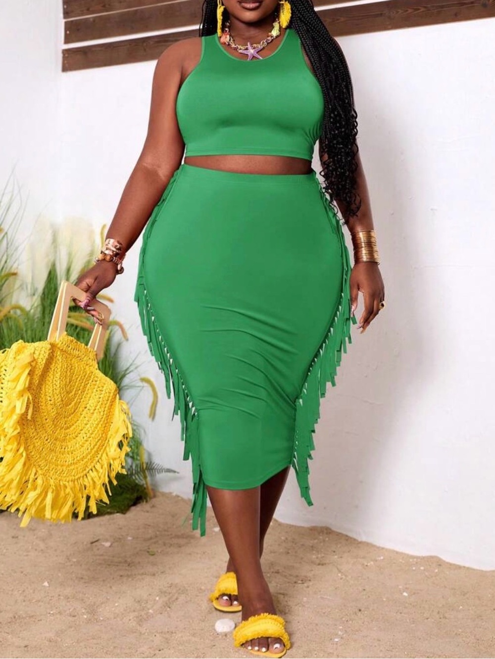 Green Fringe Midi Skirt - Women's Fashion